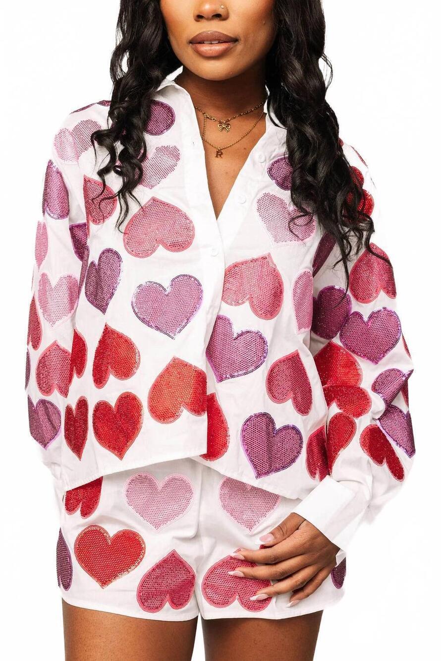 NEW QUEEN OF SPARKLES rhinestone hearts button up cotton top in white multi